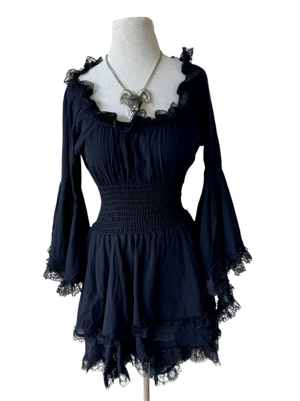 Pyramid Collection Black Asymmetrical Dress Sz S Bell Sleeve Goth Witch Vamp - Picture 2 of 8